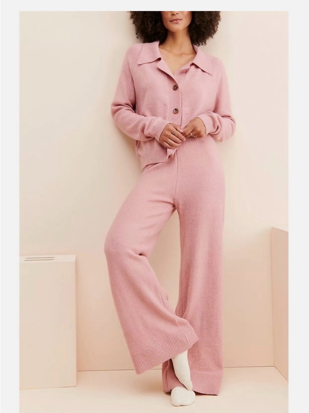 Moon River Cozy Rib-Trim Knit Lounge Pant - Pink